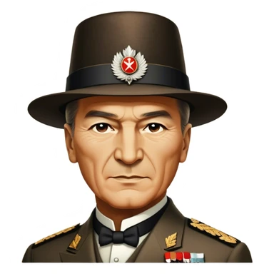 Mustafa Kemal Atatürk (statesman) in traditional hat – Cinematic Realistic Portrait of Mustafa Kemal Atatürk, depicted in dignified traditional attire with a distinctive hat, a resolute and visionary expression illuminated by warm, historic lighting, rendered with rich textures that evoke his transformative leadership. sticker