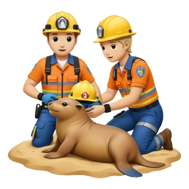 Rescue workers with helmets saving sea lion sticker
