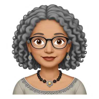 Latina woman, about 55 years old, dark warm brown skin, round soft face, long curly black and gray hair, no headband, medium eyes, thin eyebrows, gentle smile, delicate eyeglasses, gray peasant blouse with embroidery, bare shoulders, large dark necklace sticker