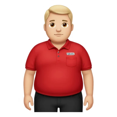 Fat guy in red polo with black pants wearing a name tag that says TRAVIS sticker