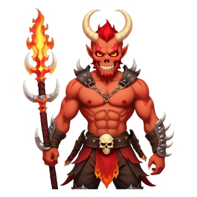 Dark fantasy sticker of a red half-demon warrior with horns, glowing tattoos, flaming swords, skull belt, and sharp tail. Evil grin, muscular build. Transparent background sticker