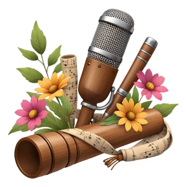 Create a traditional and warm emoji representing folk singing, using a humanless collage. The design should feature a rustic wooden microphone or an old-fashioned folk instrument like a balalaika, gusli, or a domra, placed alongside traditional elements such as a hand-woven scarf or a wooden flute. Include natural, earthy details like wildflowers, musical notes, and rustic textures, evoking the feeling of folk music in its purest form. Use warm, earthy colors like brown, gold, red, and green to create a cozy and organic vibe. The background should be transparent. sticker