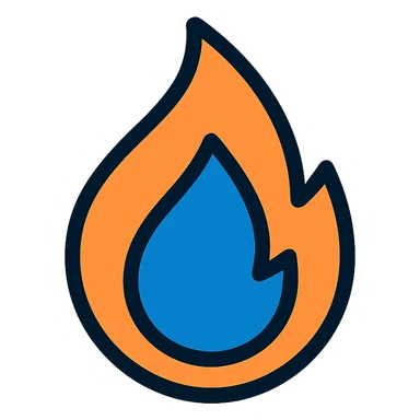 abstract flame shape with bold blue outline, geometric style icon sticker