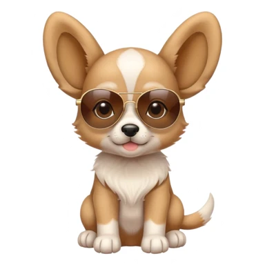 Cute puppy with oversized ears wearing sunglasses and a tiny hat sticker