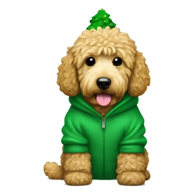 golden doodle wearing a christmas tree hoodie sticker