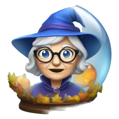 smart granny witch with glasses and blue hat in crystal ball sticker