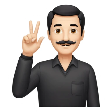 Hombre de 65 año de pelo negro y bigote blanco sonriendo con nariz prominente y los de dedos de la mano derecha en "v" vestido de traje de cuerpo entero sticker