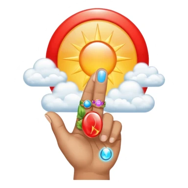 "Create an emoji representation of a hand holding other. One hand with index finger pointing up, surrounded by clouds and sun rays, with a red ring on the ring finger." sticker