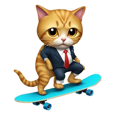 cat dressed like donald trump on a skateboard holding a shark sticker