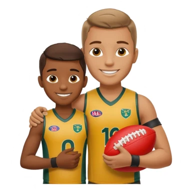 A sportsman has his arm around a young fan and they are holding a AFL sherrin, they are in australian colours, they are smiling, one is white and one is brown sticker