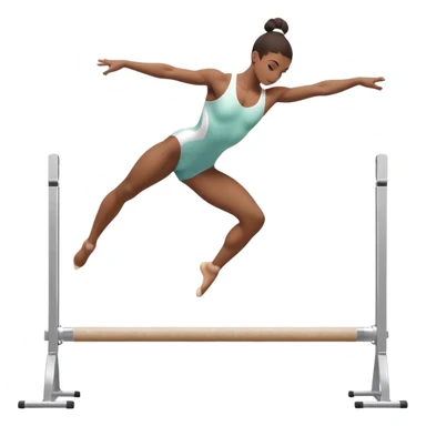 Professional gymnast performing a dynamic routine on parallel bars, captured mid-air in an elegant flip. The background features a well-lit gymnastics arena with a cheering audience. The athlete's posture and expression convey strength, control, and perfect coordination. sticker