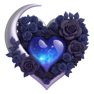 3D emoji gothic heart, midnight blue glass texture, silver crescent moon, tiny black roses, mysterious and rich style, swirling galaxy background sticker