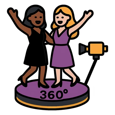 small simple icon of a 360 spin booth with two women, one Black and one White, having fun, dressed elegantly, purple gold and black accents, luxury event vibe sticker