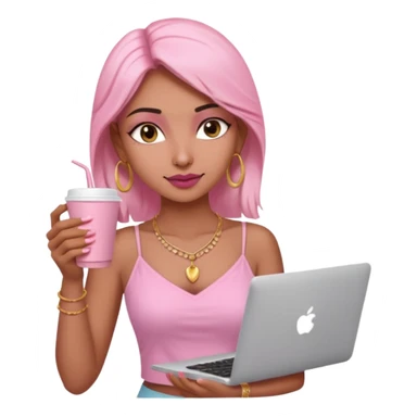 a pretty fair indian bratz girl with a pink cami top, drinking takeaway brown coffee, golden dainty necklace and carrying a white macbook sticker