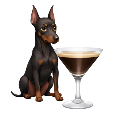Black Miniature Doberman with cropped ears, sitting in an espresso martini glass sticker