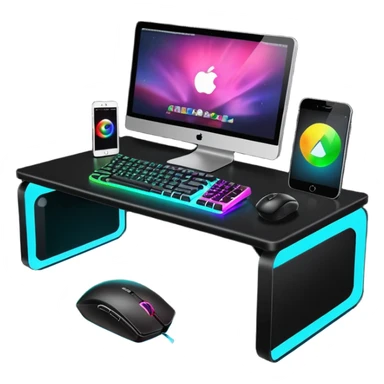 rgb gaming computer on black desk with a black keyboard and mouse sticker