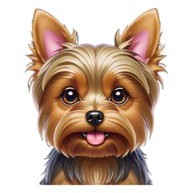 Cinematic Comical Yorkshire Terrier Portrait Emoji, Head tilted dramatically with an exaggeratedly surprised, comical expression and wide, expressive eyes, featuring a perky, well-groomed fur in rich hues, simplified yet hilariously detailed, glowing with a bold, sassy radiance, high shine, exuding playful mischief and cheeky terrier attitude, styled with a soft glowing outline, capturing the essence of a Yorkshire Terrier that appears ready to comically dash out of the frame! sticker