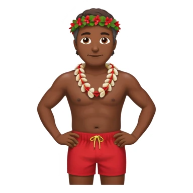 50 year old dark Hawaiian surfer with red shorts and a shell lei surfer  sticker