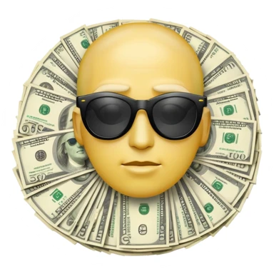 yellow head emoji with dollar bills for eyes, wearing slightly transparent black sunglasses, money symbols on face sticker