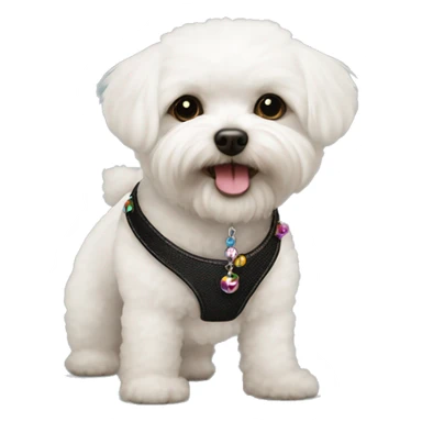 One Small furry Black bichon with one  colorful bead necklaces with brown harness sticker