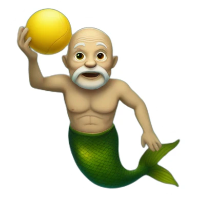 Underwater old man mermaid swimming, bold with no hair, holding a small yellow ball, winning enthousiasm sticker