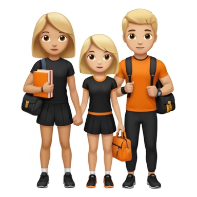 light skin students girl and boy with school bag full of books on hand and dumbell in other hand. Clothes are in black and orange colours. They are going to the gym. They have brown and blonde hair sticker