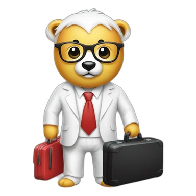 A professor with white suit and red tie and a panda face eating a hotdog and holding a black suitcase sticker
