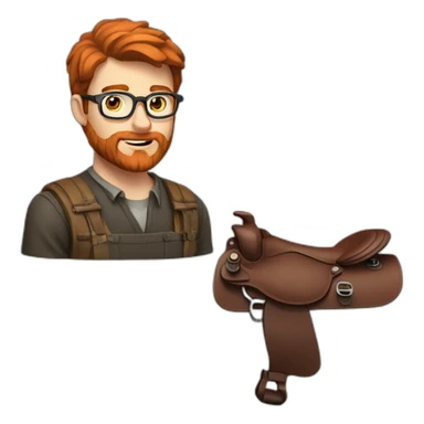 Red smooth haired man with beard and glasses repairing a saddle sticker