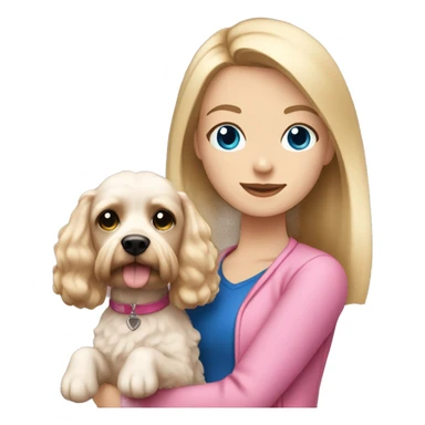 straight blonde hair and dark blue eyed girl wearing pink holding a white and brown cockapoo dog sticker
