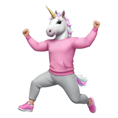 friendly anthropomorphised male white unicorn with a fit, chunky, muscular and strong physique, arms and legs matching the white of the head, wearing grey tracksuit pants and pink jumper, sunglasses, jumping for joy sticker