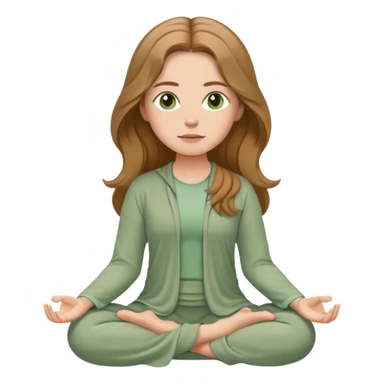 White girl, with long wavy light brown hair and hazel eyes, meditating wearing sage green sticker