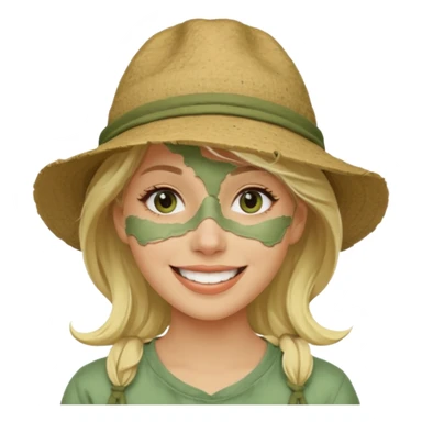 messy green clay mask and tourist hat blond woman  smiling and clay mask on full face sticker