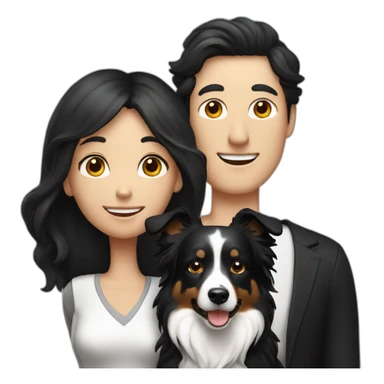 Family formed by a White man on hat and a White woman with long black hair and one small black dog border collie sticker