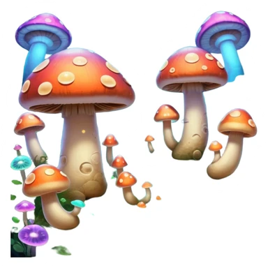  "A whimsical mushroom world filled with giant glowing mushrooms, soft bioluminescent spores floating through the air, and friendly oversized snails with colorful spiral shells exploring the landscape. Fantasy atmosphere, vibrant colors, dreamy lighting, highly detailed sticker