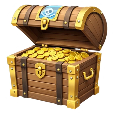 pirate treasure chest object icon, wooden chest with gold details, slightly open with coins, 3D cartoon, mobile game icon style, centered, clean background, no text, no watermark
 sticker
