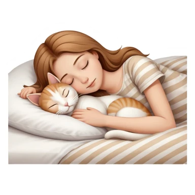 side view light brown haired teenage girl sleeping with white cat that has beige stripes on a white pillow with white sheets sticker