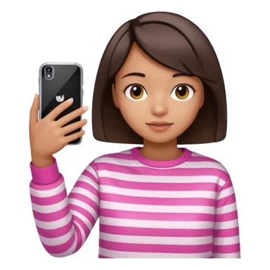 Emoji of a cute 3D girl with short dark brown bob hairstyle, wearing a pink and white striped sweatshirt. She is holding a phone and taking a selfie, white background.

 sticker