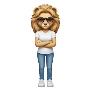 confident anthropomorphised female lion, full body, arms folded, wearing jeans, white t-shirt, dark sunglasses, trainers, looking determined sticker