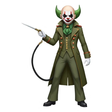 evil clown, bald, black horns on forehead, fangs, pointed ears, eye patch over one eye, long coat over black and military green leisure suit with bellbottom pants, tail, holding a different style of whip, realistically proportioned, less bulky, full body, battle-ready, fighting posture sticker