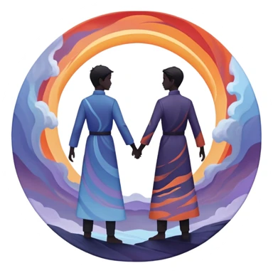 Center composition: Two silhouetted figures standing back-to-back or side-by-side in a circle of calm (soft blues, lavenders, white light)
Around them: Swirling storm energy—abstract shapes, wind lines, chaotic movement in reds, oranges, and dark grays sticker