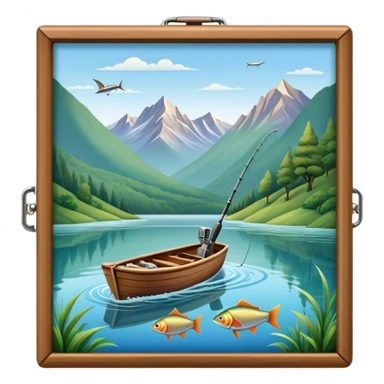 Icon for Fishing Travel: a boat on a calm lake surrounded by mountains and lush greenery, with fish jumping out of the water, a fishing rod, tackle box. The icon should capture the peaceful and adventurous nature of fishing trips. Transparent background. sticker