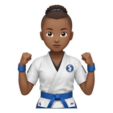 black karate instructor with pony tail afro hair and shaved bald sides haircut, Make the hair brown and the belt blue. Add the roger Gracie academy logo on the go also and the p logo of progress jiu jitsu on the right arm at the top sticker