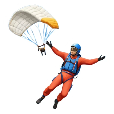 A base jumper soaring through the air, parachute deployed, flying off a steep mountain peak. The background is filled with majestic mountains, clear blue sky, and distant clouds, capturing the exhilarating thrill and beauty of extreme sports. sticker