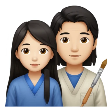 Asian boy with long hair  and girl painters sticker