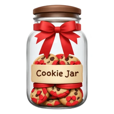 A chewy chocolate chip cozy cookie in an organized jar, saying "Cookie Jar" with some small illustrations on the jar to indicate there are cookies stored inside, a big red ribbonon the lid sticker