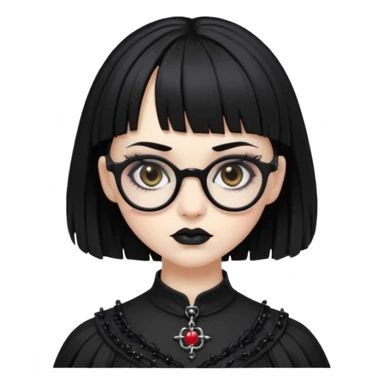 Faça uma moça de cabelo preto micro franja e penteado gótico pálida e com maquiagem gótica pesada olhos castanhos escuro e óculos  sticker
