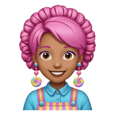 candy shop vendor, looking like candy with candy earrings and candy hair sticker