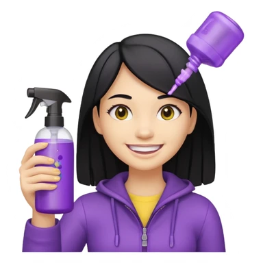 a smiling girl with black hair, yellow teeth, holding a fully purple spray bottle with the lid on, Genmoji emoji style sticker