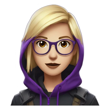 Girl blond developer  with round glasses left side behind his laptop with this style: valorant riot Game purple character purple black hooded hacker themed character sticker