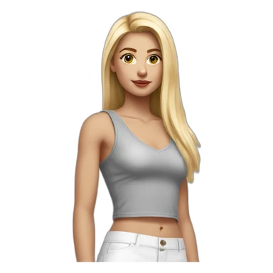 hyperrealistic caucasian blonde, long straight hair, white deep v-neck crop tanktop, gray tight mini skirt sticker